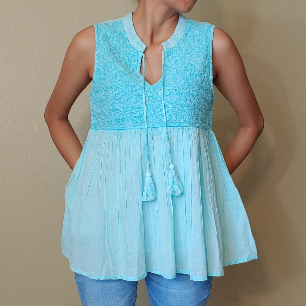 C&C California - Peasant blue embroidered sleeveless top  Size-XS  NWT!!